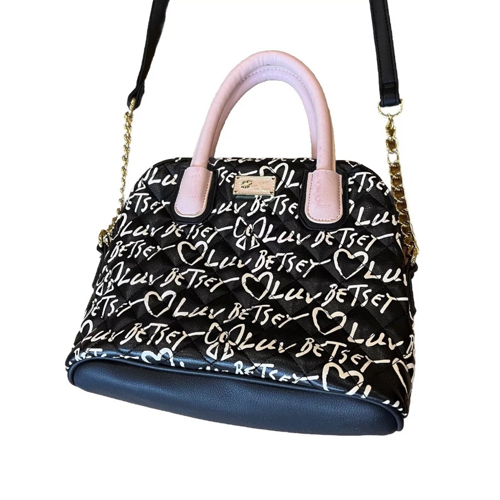 Betsey Johnson Crossbody Shoulder Handbag. Black, pink and white.